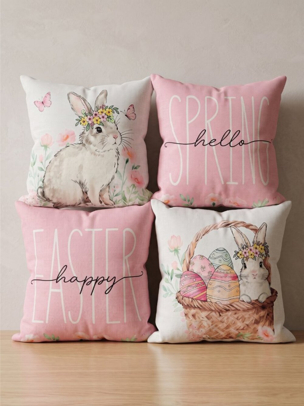 NWT Set of 4 Easter Spring Throw Pillow Covers Bunny Floral 18"x18"